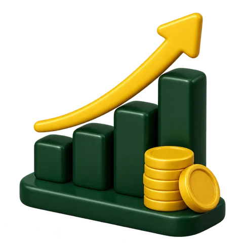 3D rising bar chart with coins for the growth step