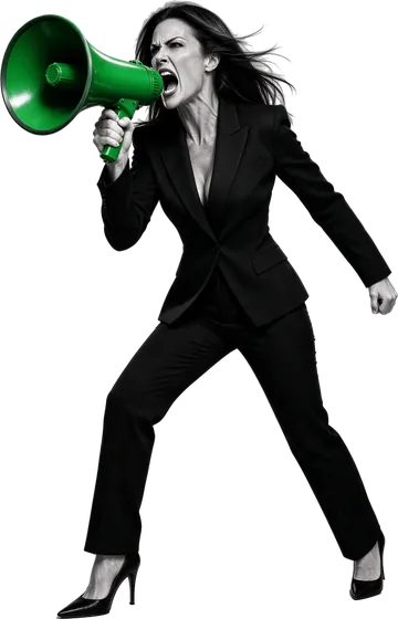Woman shouting into a green megaphone, our ppc management services cut through