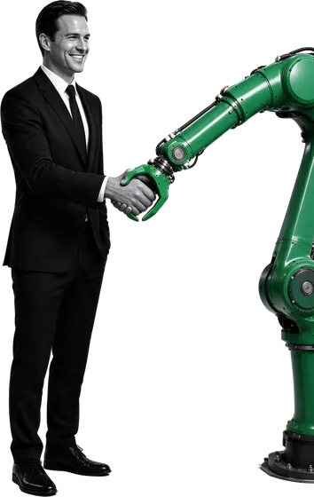 Man shaking hands with a green robot arm, ai automation services with people
