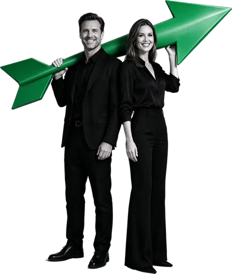 Two people carrying a giant green arrow pointing upward together