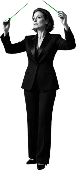 Woman conducting with a green baton, directing work like an orchestra