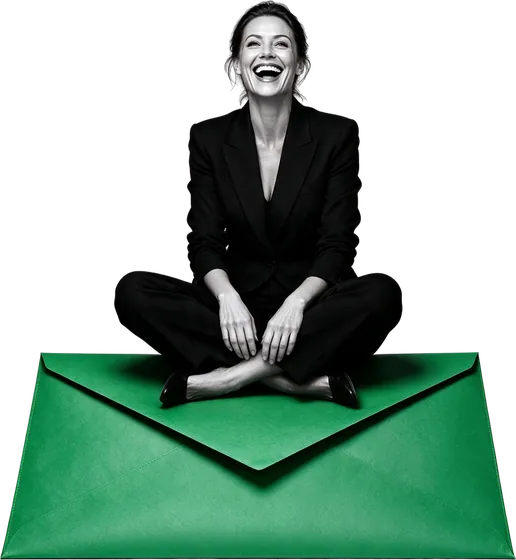 Laughing woman sitting on a giant green envelope, email marketing services that sell