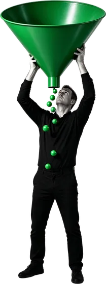 Man holding a green funnel overhead, conversion rate optimization services at work