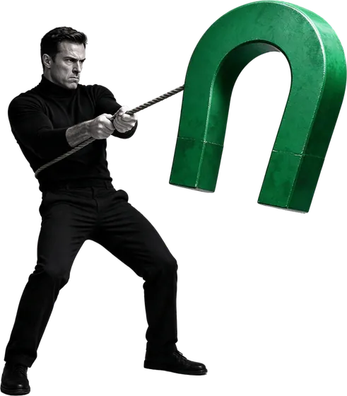 Man pulling a giant green magnet, the pull of a lead generation company