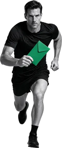Runner sprinting forward holding a green envelope like a relay baton