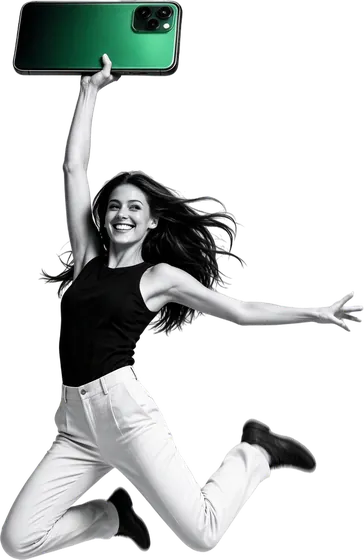 Woman leaping with a green phone, the energy of social media marketing services